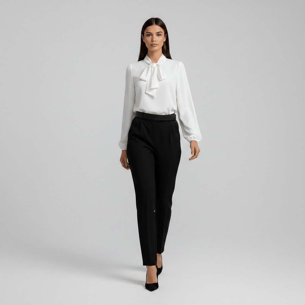 Women's Elegant White Blouse | Relaxed-Fit Long Sleeve Top with Bow-Tie Neck 7