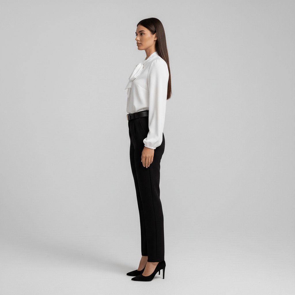 Women's Elegant White Blouse | Relaxed-Fit Long Sleeve Top with Bow-Tie Neck 8