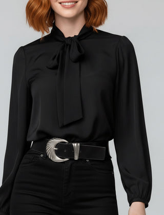 Women's Elegant White Blouse | Relaxed-Fit Long Sleeve Top with Bow-Tie Neck 9