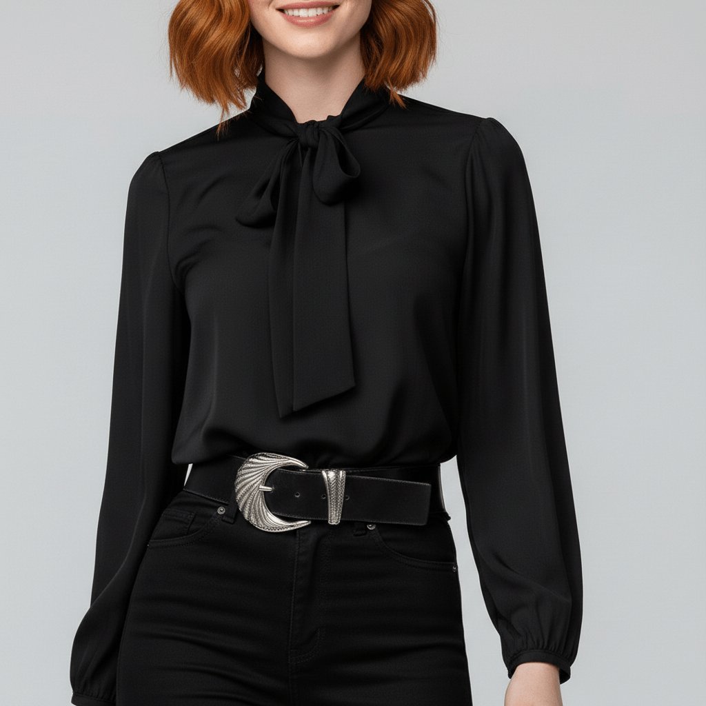 Women's Elegant White Blouse | Relaxed-Fit Long Sleeve Top with Bow-Tie Neck 9