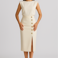 Women's Elegant White Midi Dress | Tailored Cocktail Dress with Button Details 0