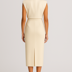 Women's Elegant White Midi Dress | Tailored Cocktail Dress with Button Details 2