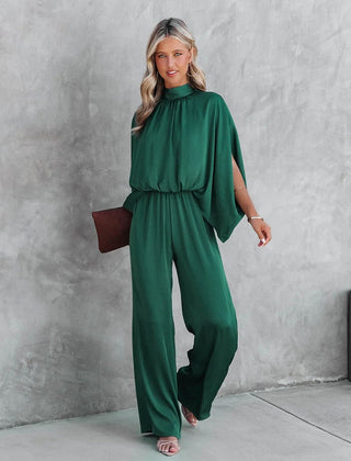 Women's Elegant Wide-Leg Jumpsuit | Chic Mock Neck Cape Sleeve Design 0