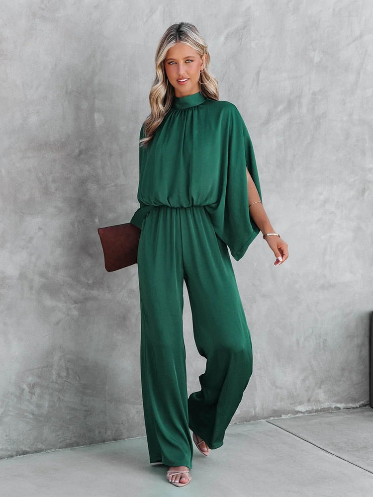 Women's Elegant Wide-Leg Jumpsuit | Chic Mock Neck Cape Sleeve Design 0