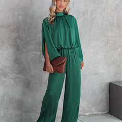 Women's Elegant Wide-Leg Jumpsuit | Chic Mock Neck Cape Sleeve Design 1