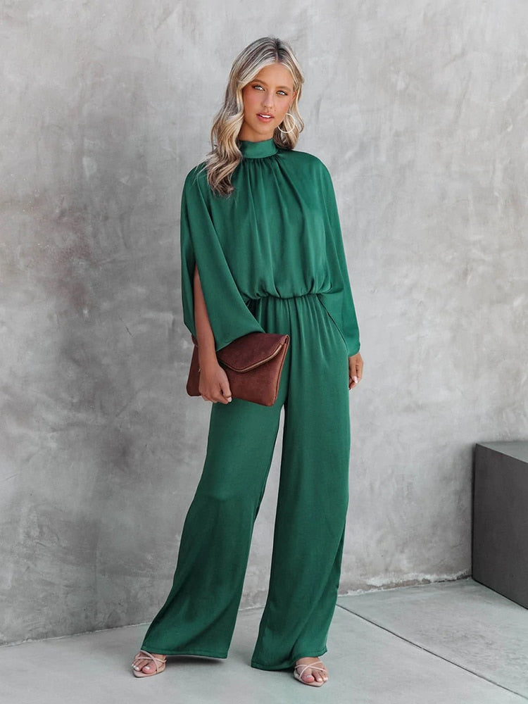 Women's Elegant Wide-Leg Jumpsuit | Chic Mock Neck Cape Sleeve Design 1