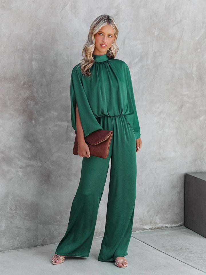 Women's Elegant Wide-Leg Jumpsuit | Chic Mock Neck Cape Sleeve Design 1