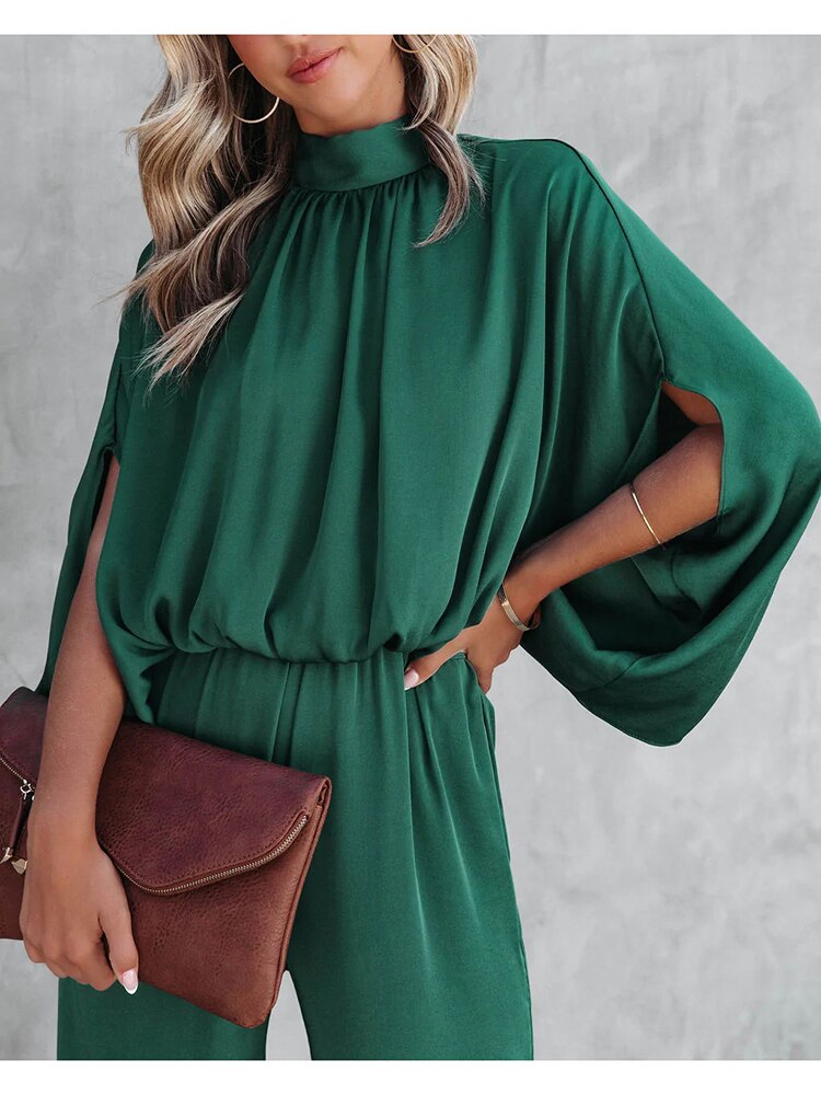 Women's Elegant Wide-Leg Jumpsuit | Chic Mock Neck Cape Sleeve Design 2