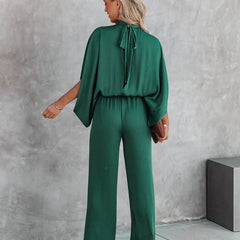 Women's Elegant Wide-Leg Jumpsuit | Chic Mock Neck Cape Sleeve Design 3