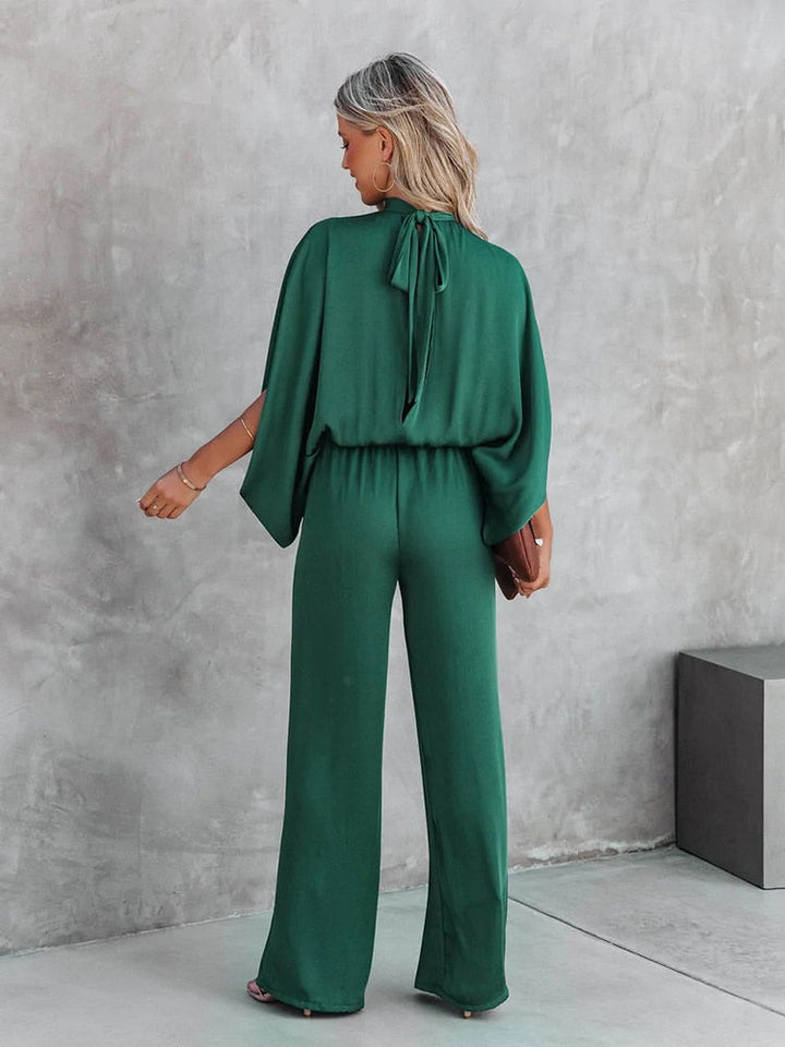 Women's Elegant Wide-Leg Jumpsuit | Chic Mock Neck Cape Sleeve Design 3