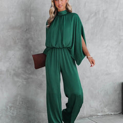 Women's Elegant Wide-Leg Jumpsuit | Chic Mock Neck Cape Sleeve Design 4