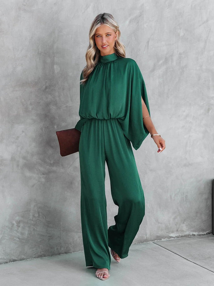 Women's Elegant Wide-Leg Jumpsuit | Chic Mock Neck Cape Sleeve Design 4
