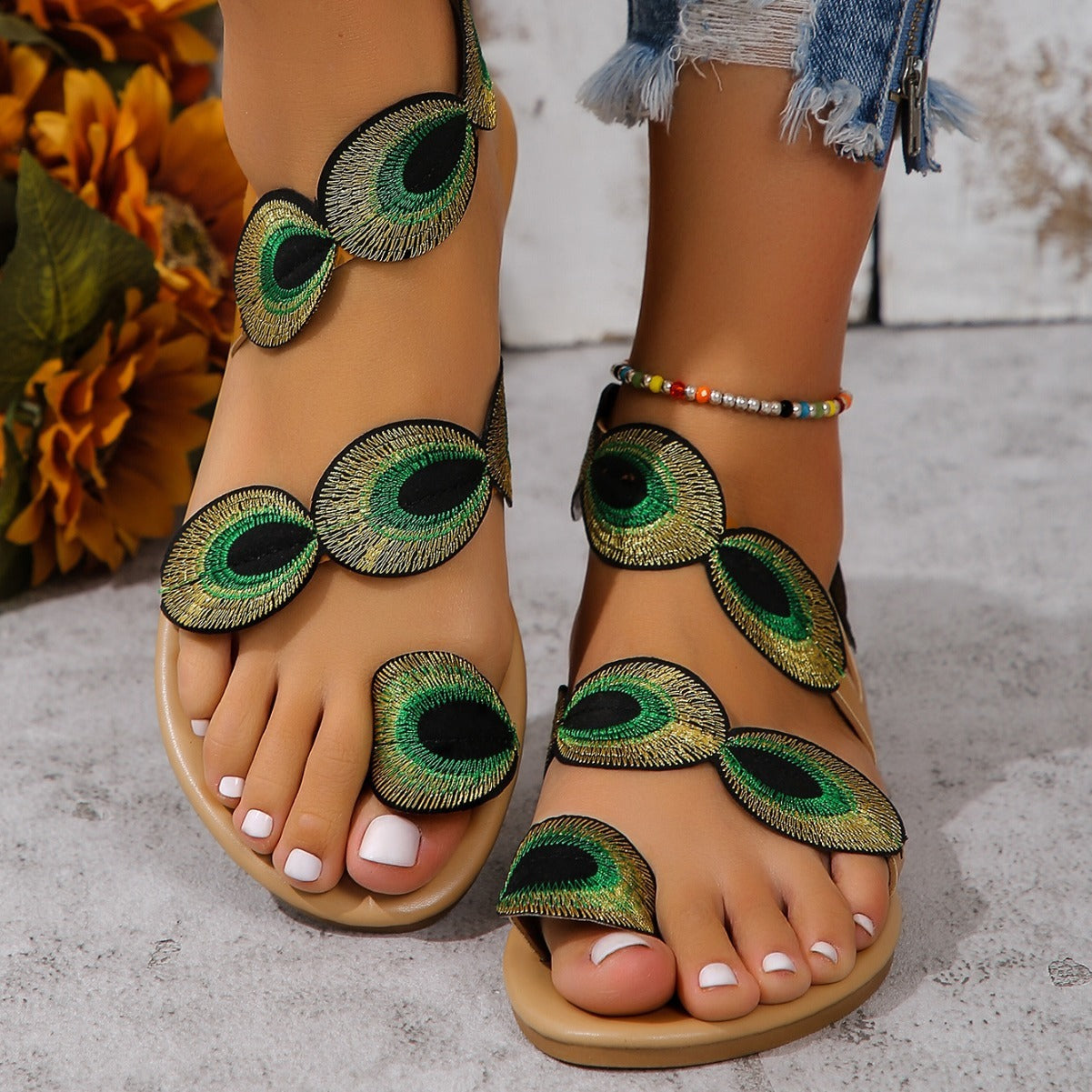 Women's Embroidered Floral Appliqué Sandals | Elegant Toe Ring Flat Summer Shoes 0