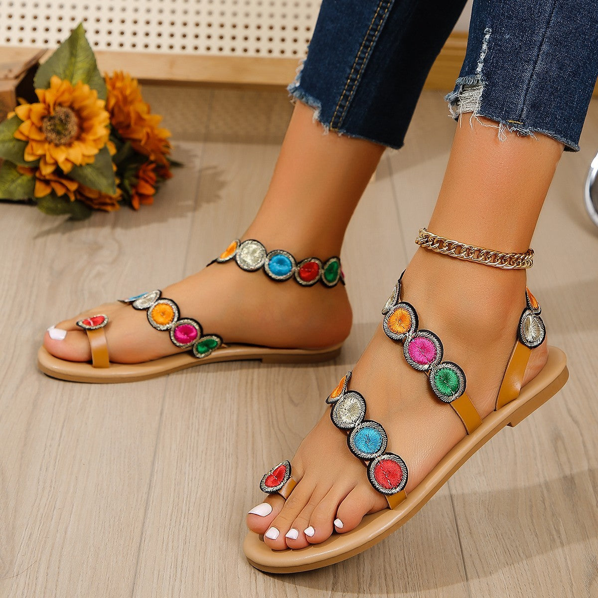 Women's Embroidered Floral Appliqué Sandals | Elegant Toe Ring Flat Summer Shoes 4