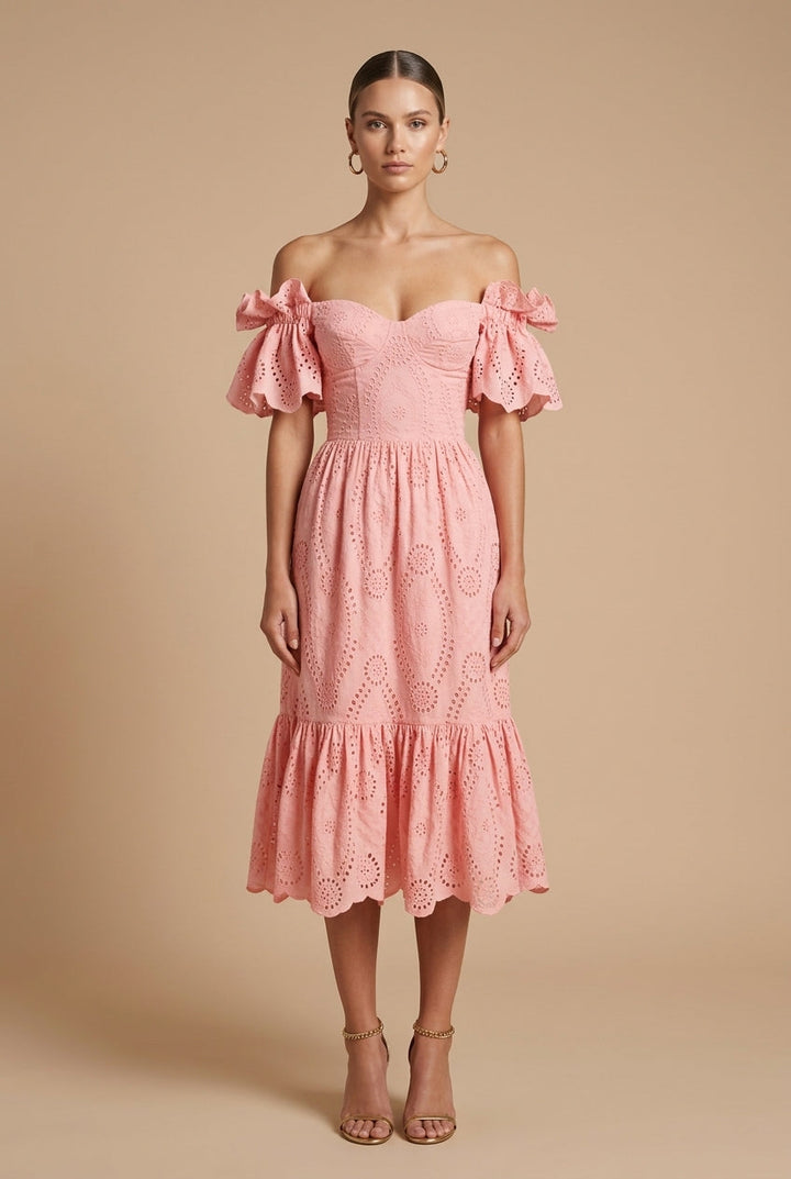 Women's Eyelet Broderie Midi Dress | Elegant Off-Shoulder Summer Dress 0