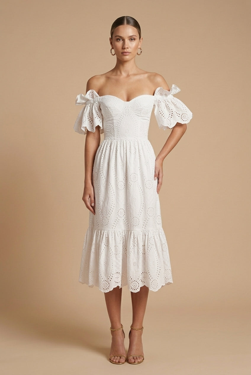 Women's Eyelet Broderie Midi Dress | Elegant Off-Shoulder Summer Dress 1