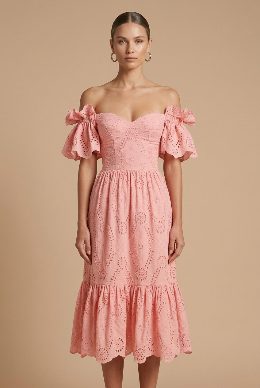 Women's Eyelet Broderie Midi Dress | Elegant Off-Shoulder Summer Dress 4