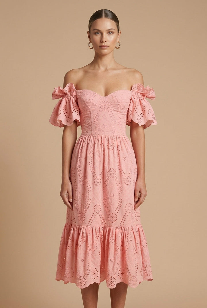 Women's Eyelet Broderie Midi Dress | Elegant Off-Shoulder Summer Dress 4