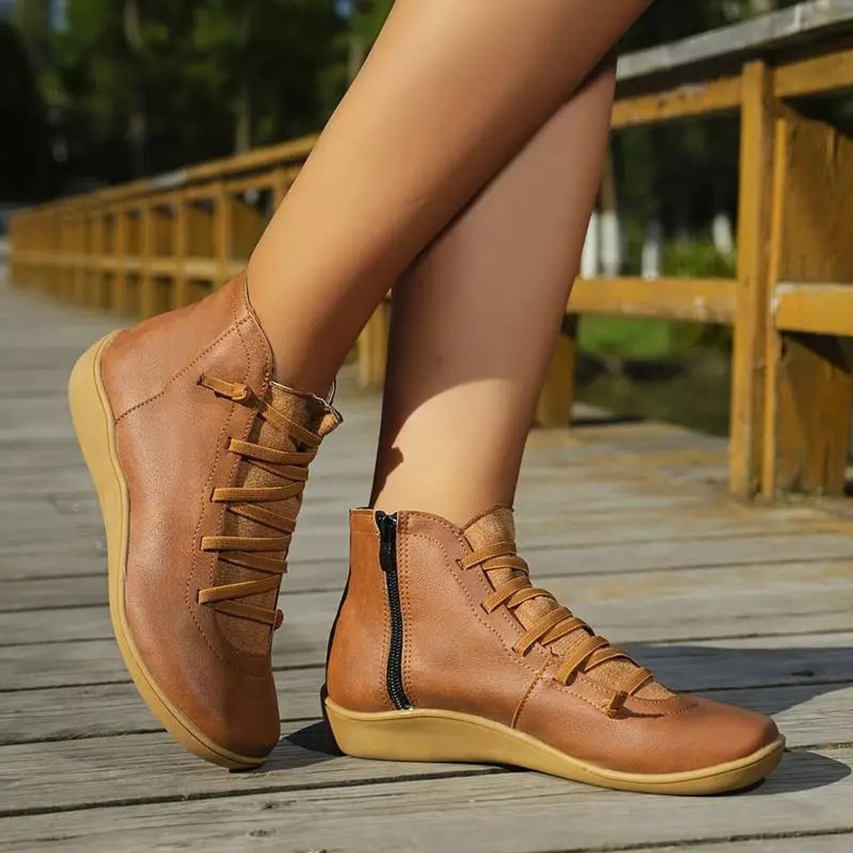 Women's Faux Leather Ankle Boots | Comfortable Lace-Up Side-Zip Design 8