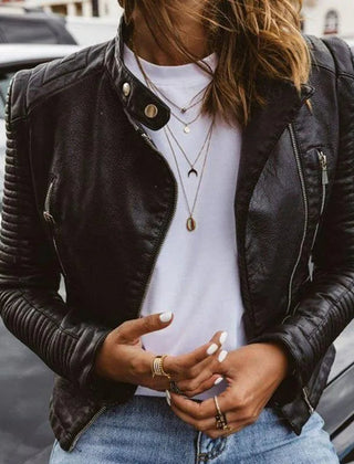 Women's Faux Leather Moto Jacket | Edgy Cropped Zip-Up Style with Ribbed Details 0