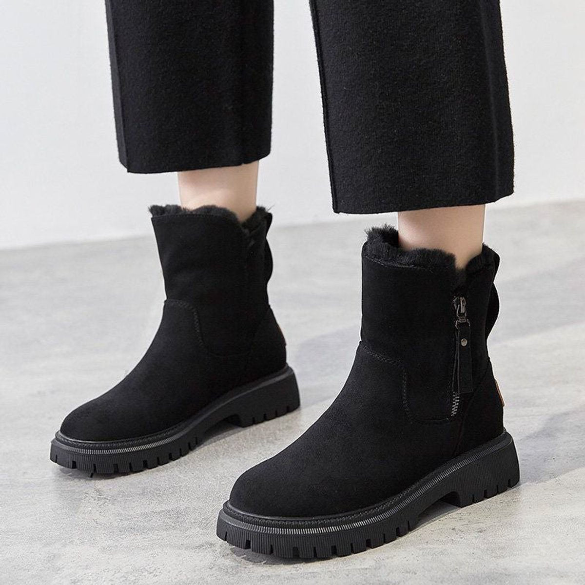 Women's Faux Suede Fleece-Lined Ankle Boots | Cozy Slip-On Winter Booties 1