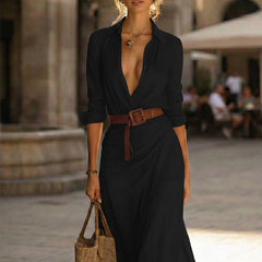 Women's Faux Suede Maxi Dress | Elegant Long Sleeve V Neck Formal Gown 4