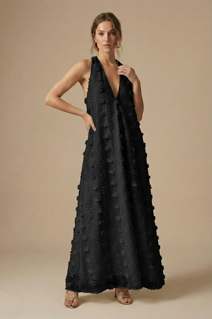 Women's Floral Appliqué Maxi Dress | Elegant Halter Backless Summer Gown 6