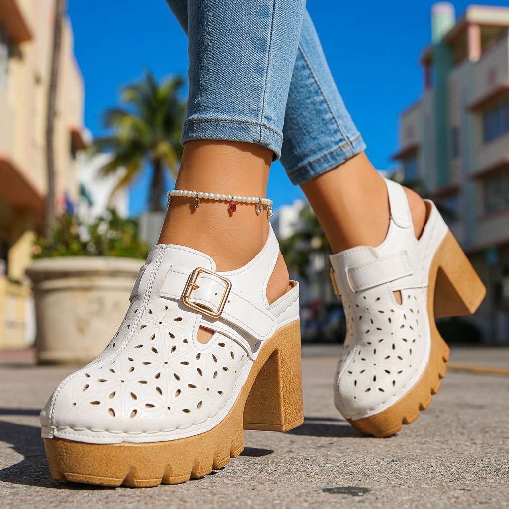 Women's Floral Cutout Platform Clogs | Stylish Chunky Block Heel Summer Shoes 4