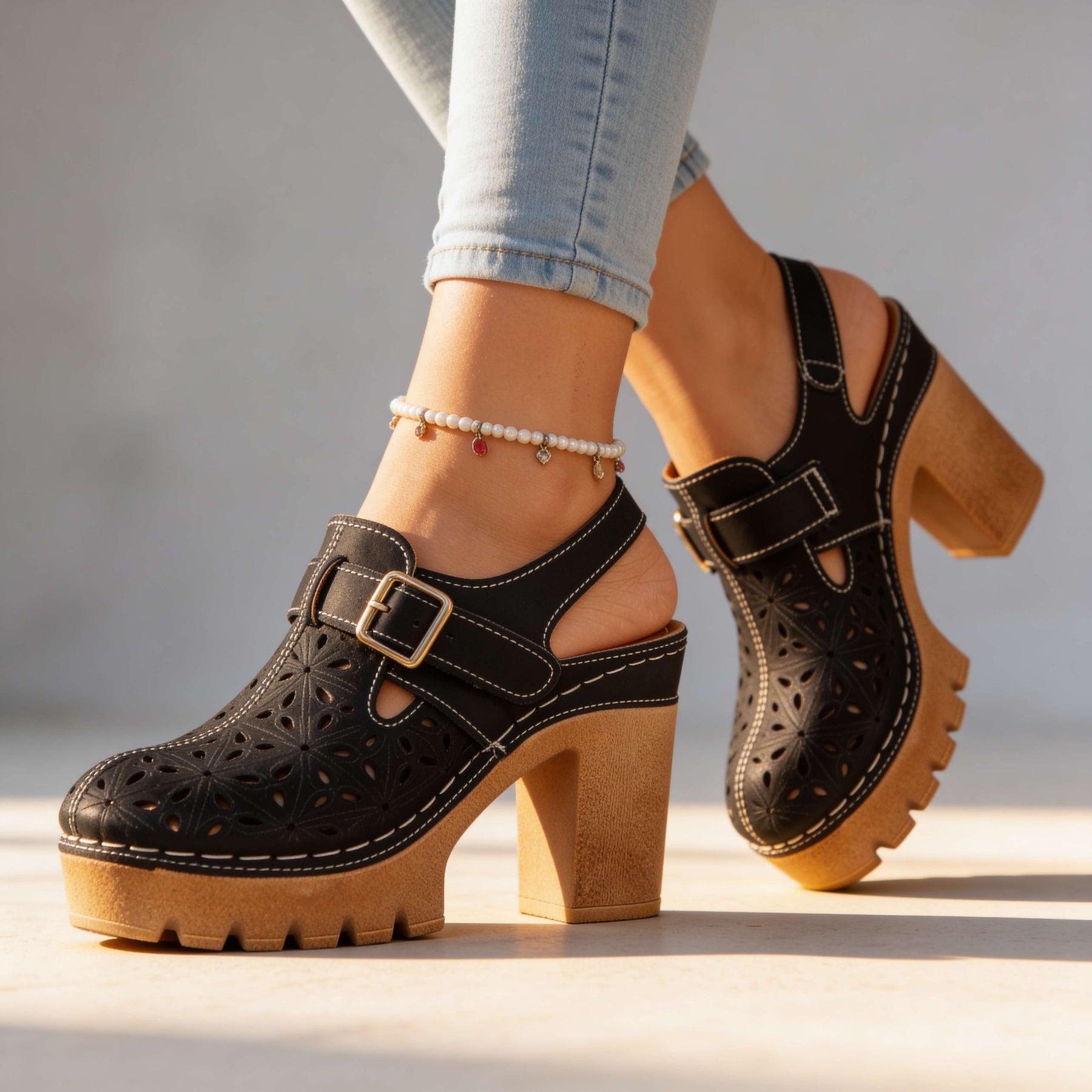 Women's Floral Cutout Platform Clogs | Stylish Chunky Block Heel Summer Shoes 6