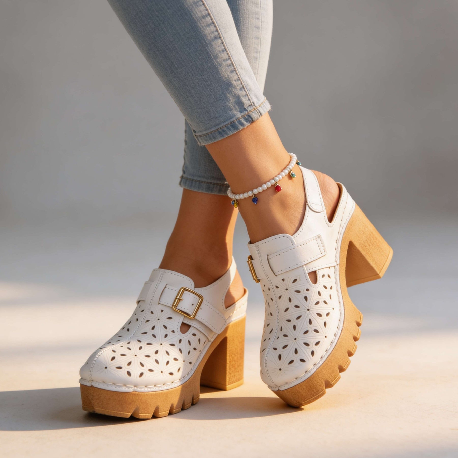 Women's Floral Cutout Platform Clogs | Stylish Chunky Block Heel Summer Shoes 8