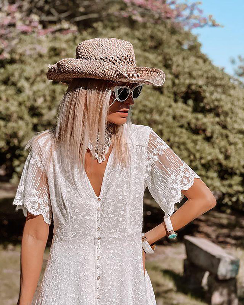Women's Floral Lace Maxi Dress | Elegant A-Line Summer Dress with V-Neck and Flutter Sleeves