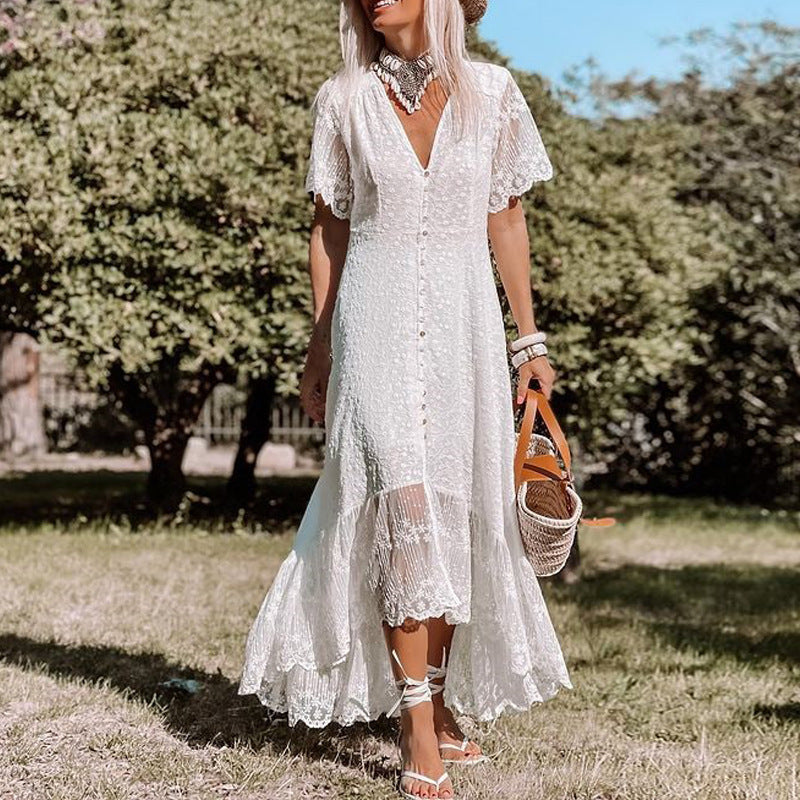 Women's Floral Lace Maxi Dress | Elegant V-Neck Boho Summer Gown 0