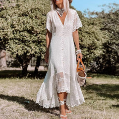 Women's Floral Lace Maxi Dress | Elegant V-Neck Summer Dress with Scalloped Hem 0