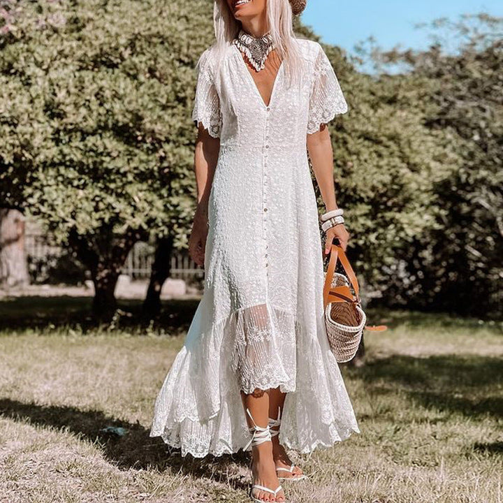 Women's Floral Lace Maxi Dress | Elegant V-Neck Summer Dress with Scalloped Hem 0