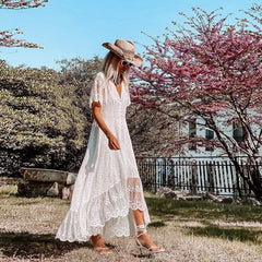 Women's Floral Lace Maxi Dress | Elegant V-Neck Summer Dress with Scalloped Hem 2