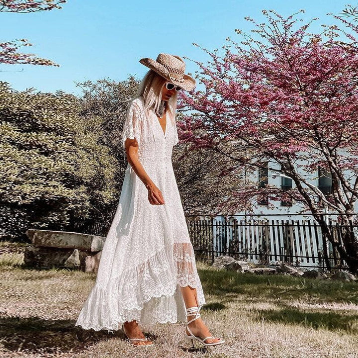 Women's Floral Lace Maxi Dress | Elegant V-Neck Summer Dress with Scalloped Hem 2
