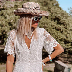 Women's Floral Lace Maxi Dress | Elegant V-Neck Summer Dress with Scalloped Hem 3