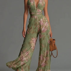 Women's Floral Pleated Jumpsuit | Elegant Halter Neck Wide Leg Design 0