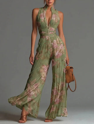 Women's Floral Pleated Jumpsuit | Elegant Halter Neck Wide Leg Design 0