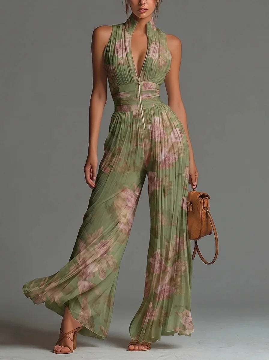 Women's Floral Pleated Jumpsuit | Elegant Halter Neck Wide Leg Design 0