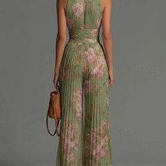 Women's Floral Pleated Jumpsuit | Elegant Halter Neck Wide Leg Design 1