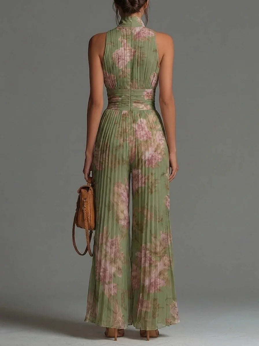 Women's Floral Pleated Jumpsuit | Elegant Halter Neck Wide Leg Design 1