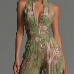 Women's Floral Pleated Jumpsuit | Elegant Halter Neck Wide Leg Design 2