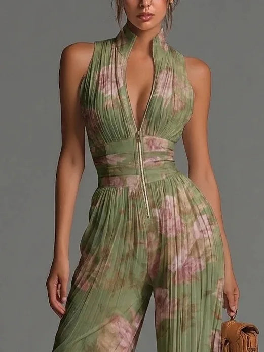 Women's Floral Pleated Jumpsuit | Elegant Halter Neck Wide Leg Design 2