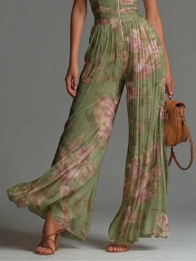 Women's Floral Pleated Jumpsuit | Elegant Halter Neck Wide Leg Design 3