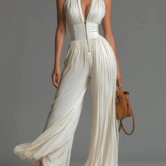 Women's Floral Pleated Jumpsuit | Elegant Halter Neck Wide Leg Design 4