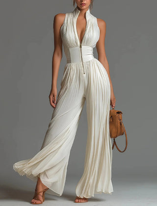 Women's Floral Pleated Jumpsuit | Elegant Halter Neck Wide Leg Design 4