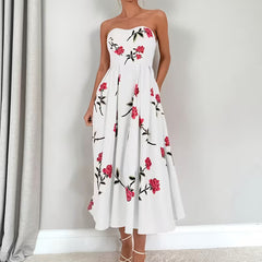 Women's Floral Print A-Line Dress | Elegant Strapless Summer Style 0