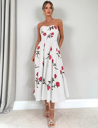 Women's Floral Print A-Line Dress | Elegant Strapless Summer Style 0