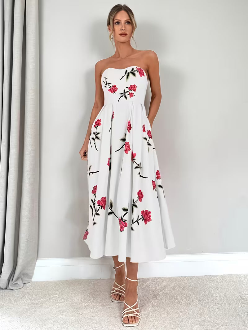 Women's Floral Print A-Line Dress | Elegant Strapless Summer Style 0